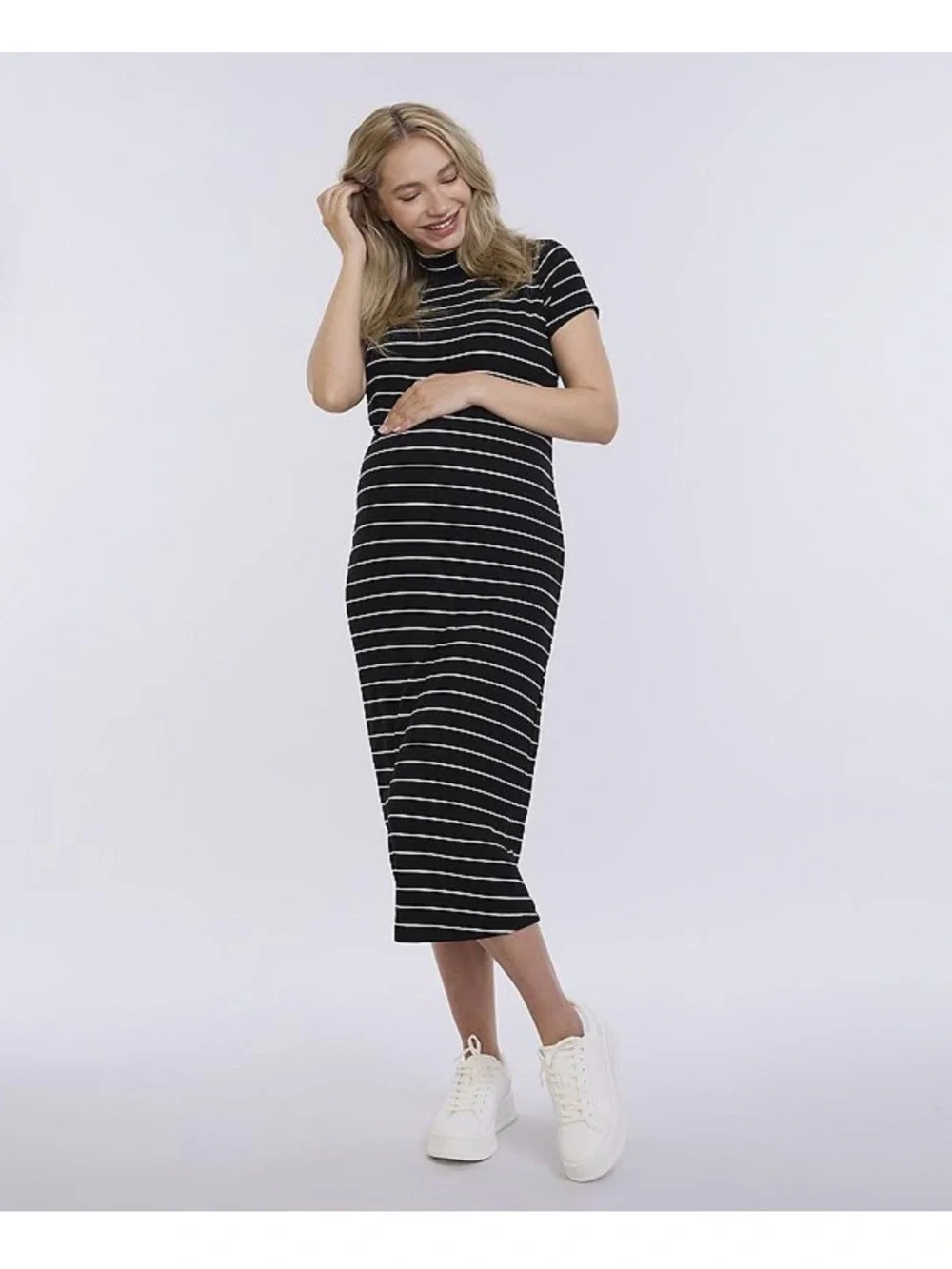 Striped Black Maternity Midi Dress - Picture 1 of 2